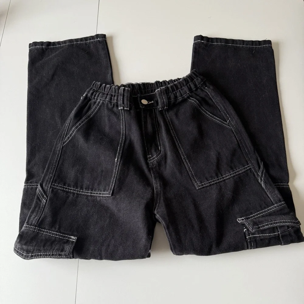 Women's Black Cargo Pants White Stitching Stretchy, Pockets Size Small